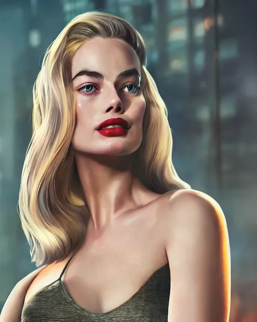 Prompt: Head and shoulders film still of margot robbie by wlop, rossdraws, Alberto Vargas, mingchen shen, arney freytag, artstation, fantasy photoshoot, urban jungle, fashion pose, octane, 4k