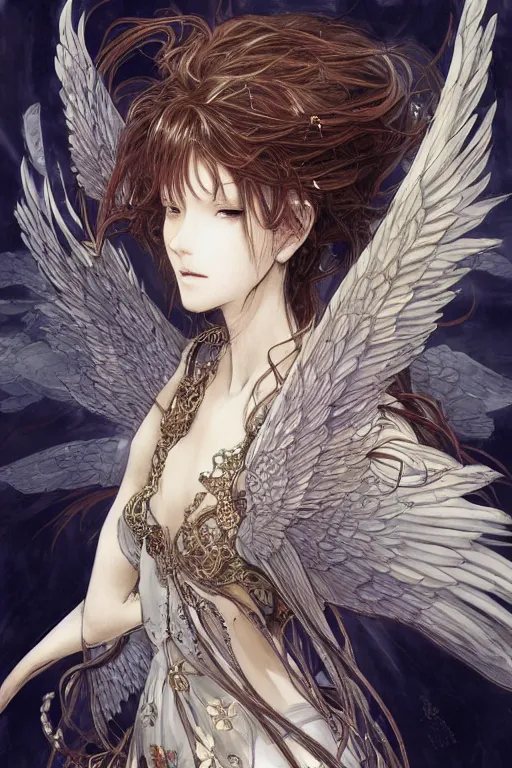Prompt: Portrait of beautiful anime maiden with angelic wings, intricate, elegant, highly detailed, artstation, concept art, illustration, art by Yoshitaka Amano, Sakimichan, Katsuya Terada