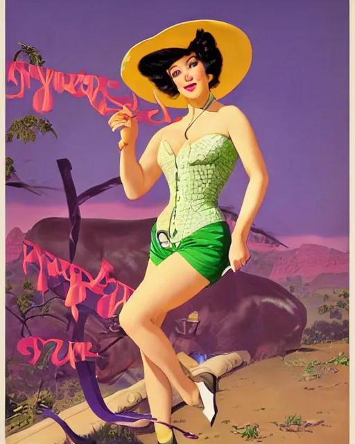 Image similar to Ril Mayer wearing purple green snakeskin cowhide motif and oversized cowboy hat promotes bottled bull run stimulant tonic SNAKE OIL, art by gil Elvgren and Ilya kuvshinov