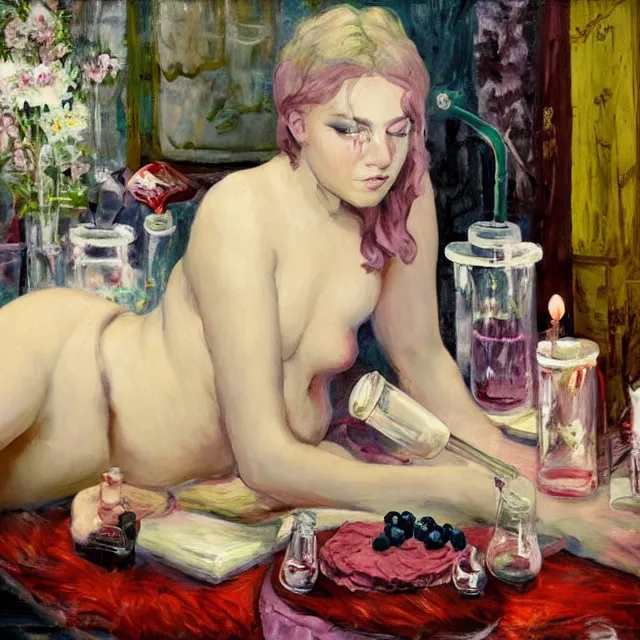 Prompt: sensual, danger sign, a female art student in bed, raw meat, berry juice drips, pancakes, spilt cup of coffee, honey, painting of a woman, berries, white flowers in scientific glassware, art supplies, white candles dripping wax, neo - impressionist surrealism, acrylic and spray paint and oilstick on canvas