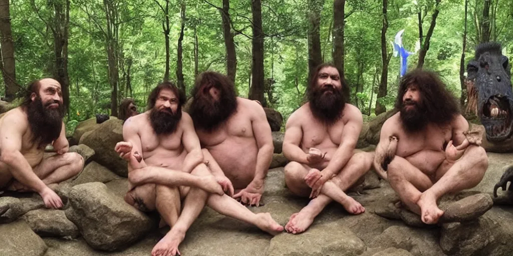 Prompt: photo, three hairy neanderthal people, sumo japanese, emma!! watson!! sitting among them, eating outside, surrounded by dinosaurs!, gigantic forest trees, sitting on rocks, bright moon, birthday cake on the ground, front view
