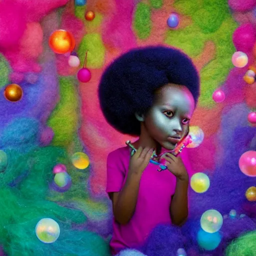 Prompt: a black girl with big beautiful eyes and a colorful afro playing with bubbles in the candy forest, bright colors, synthwave, watercolor, volumetric wool felting, felt, macro photography, children illustration, global illumination, radiant light, detailed and intricate environment, by goro fujita, bokeh!!!!