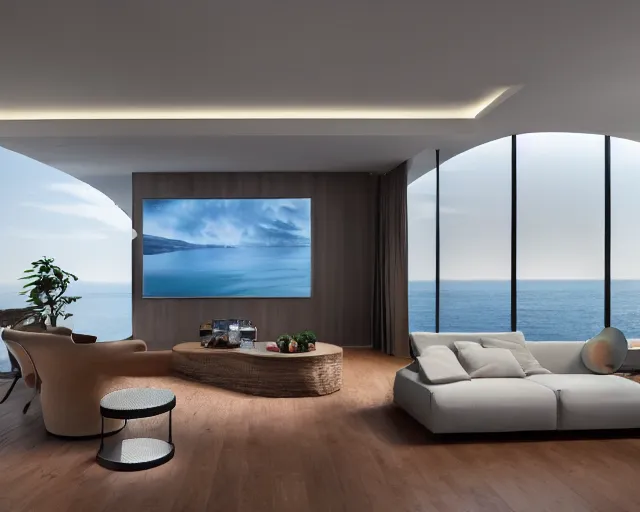 Prompt: A modern living room inspired by the ocean, a luxurious wooden coffee table with large seashells on top in the center, amazing detail, 8k resolution, calm, relaxed style, harmony, wide angle shot