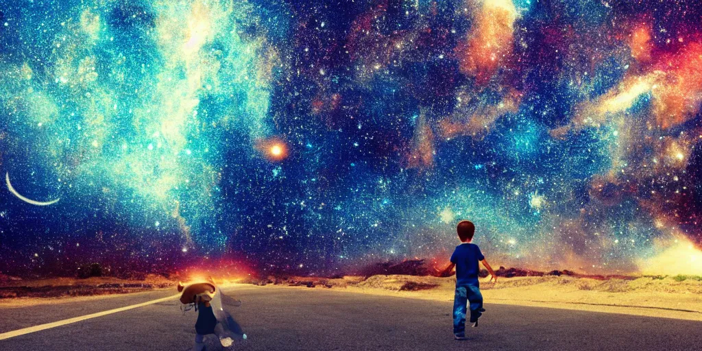 Prompt: color photo of a boy walking down a street in space, sky is full of stars