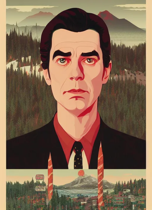 Prompt: Twin Peaks poster artwork by Tomer Hanuka, Rendering of Bob from Twin Peaks, by Michael Whelan, Makoto Shinkai and thomas kinkade, Matte painting, trending on artstation and unreal engine