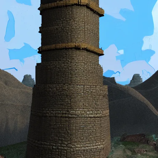 Prompt: A massive tower found in central Dragonbarrow, north of Caelid. The sides of the tower are crumbling from the massive overgrowth protruding from the plateau