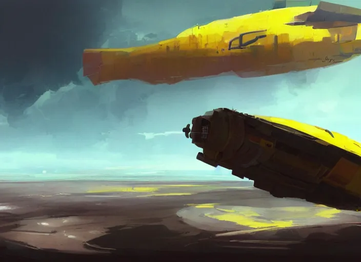 Image similar to a painting of a futuristic yellow submarine plane flying through the sky, light cloud, concept art by Ian McQue, cgsociety, highly detailed, artstation, concept art, sci-fi