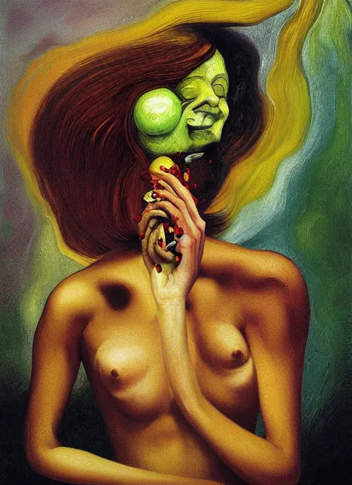 Prompt: Oil painting - She Eats of the Strangling Fruit and Her gossamer polyp blossoms bring iridescent fungal flowers whose spores black the foolish stars by Lucian Freud, and Mariusz Lewandowski, Abstract brush strokes, Masterpiece, Edward Hopper and James Gilleard, Zdzislaw Beksinski, Mark Ryden, Wolfgang Lettl, hyper detailed, hints of Yayoi Kasuma