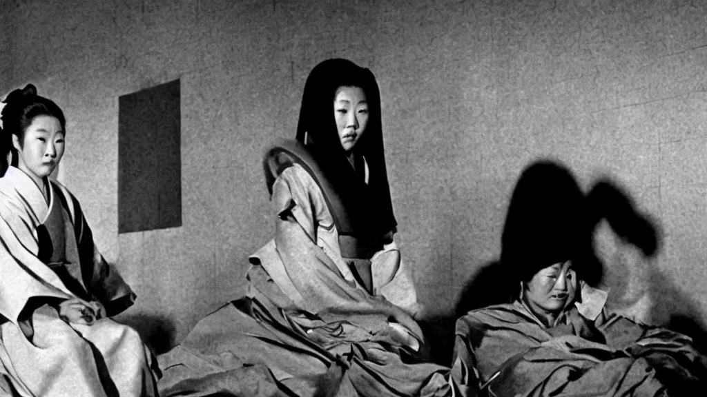 Image similar to shadow of a monstrous starfish is seen behind a woman in hanbok sitting on a couch, traditional korean interior, in. rashomon a kaiju - eiga monster movie by akira kurosawa and ishiro honda