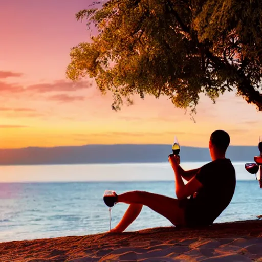 Image similar to one young man and one young woman drinking wine on a beach at sunset, beautiful colors, amazing landscape, painting