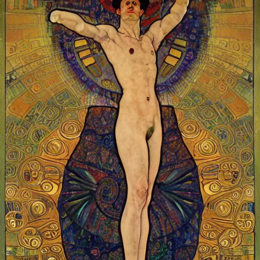 Image similar to transcendential consciousness, contrapposto, egon schiele, gustav klimt, alphonse mucha, retro futurism