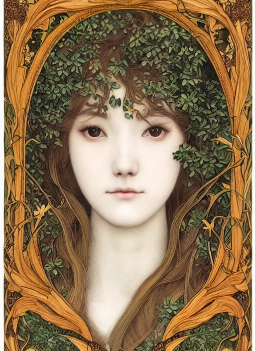 Prompt: masterpiece beautiful seductive flowing curves preraphaelite face portrait photography, miho hirano, extreme close up shot, straight bangs, thick set features, yellow ochre ornate medieval dress, amongst foliage mushroom forest circle arch, william morris and kilian eng and mucha, framed, 4 k