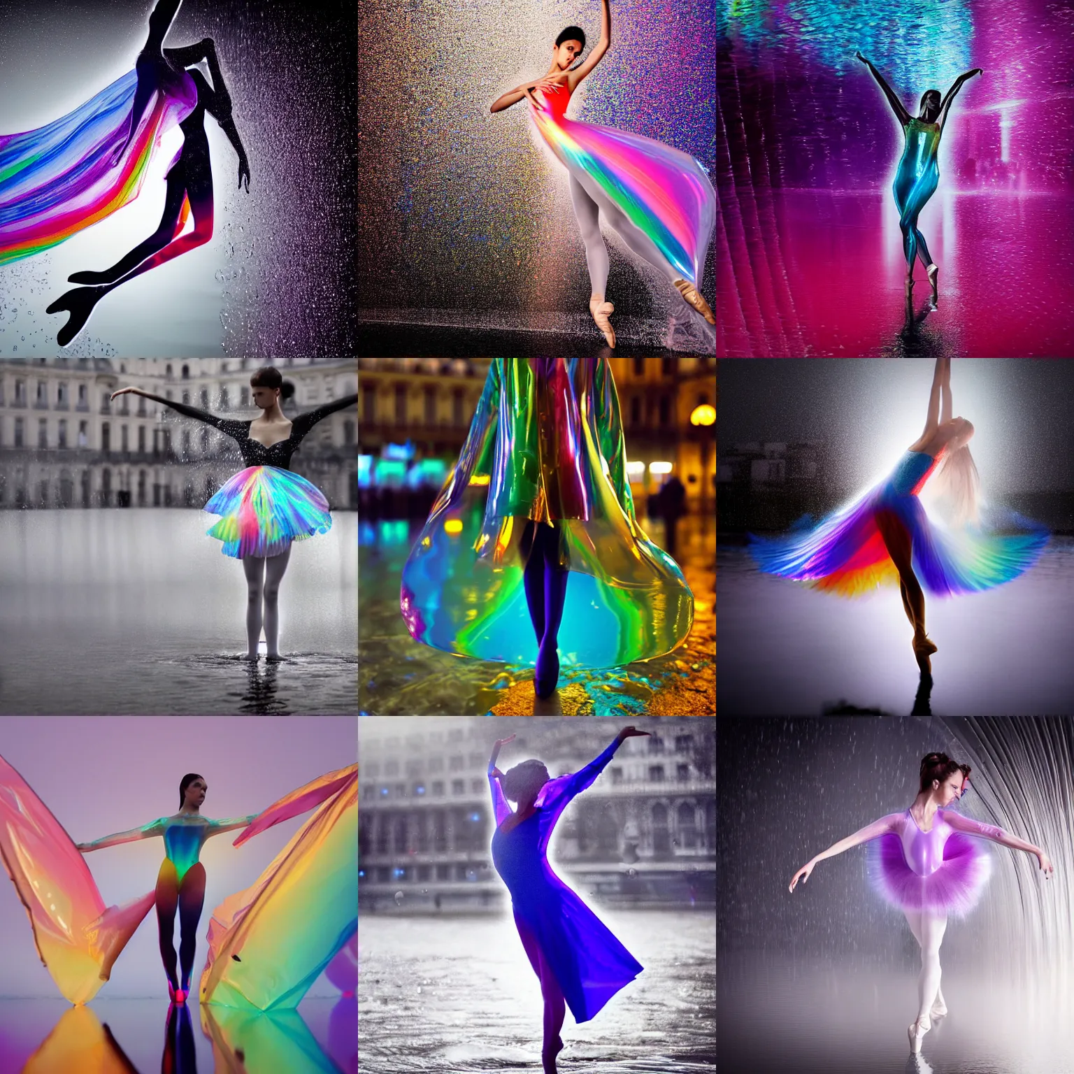 Prompt: Beautiful Fashion photography extreme closeup portrait of feminine ballet silhouette dancing half submerged in heavy nighttime paris floods, water to waste, wearing a translucent refracting rainbow diffusion wet plastic zaha hadid designed specular highlights raincoat by Nabbteeri, épaule devant pose, ultra realistic, Kodak , 4K, 75mm lens, three point perspective, , chiaroscuro, highly detailed, by moma, by Nabbteeri