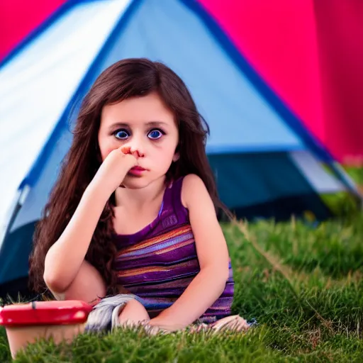 Image similar to big - eyed brunette sweet little girl looking sad in front of barbecue near tent at camp, artistic 4 k