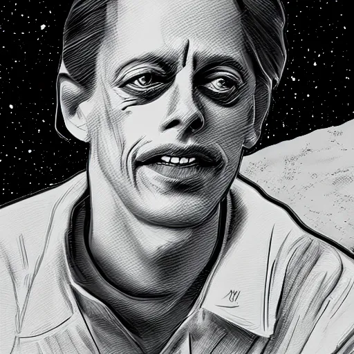 Prompt: black and white photo of steve buscemi on the moon ultra detailed, 8 k, trending on artstation, award - winning art,