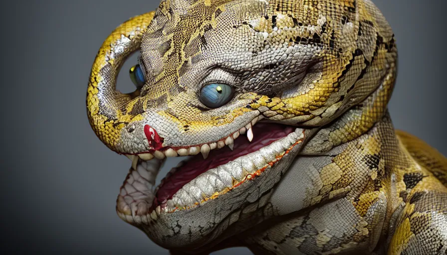 Image similar to hybrid of a happy snake and sad clown, diamonds, rule of thirds, beautiful detailed face, ultra realistic, concept art, intricate details, serious, highly detailed, photorealistic, octane render, 8 k, unreal engine.