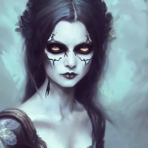 Image similar to detailed portrait of a cute undead goth girl, beautiful, fantasy, intricate, elegant, highly detailed, digital painting, artstation, concept art, matte, sharp focus, illustration, art by aenaluck, artgerm and roberto ferri and greg rutkowski, epic fantasy, digital painting