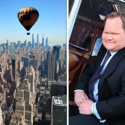 Image similar to Andy Richter wearing a brown suit and necktie riding in a hot air balloon above nyc