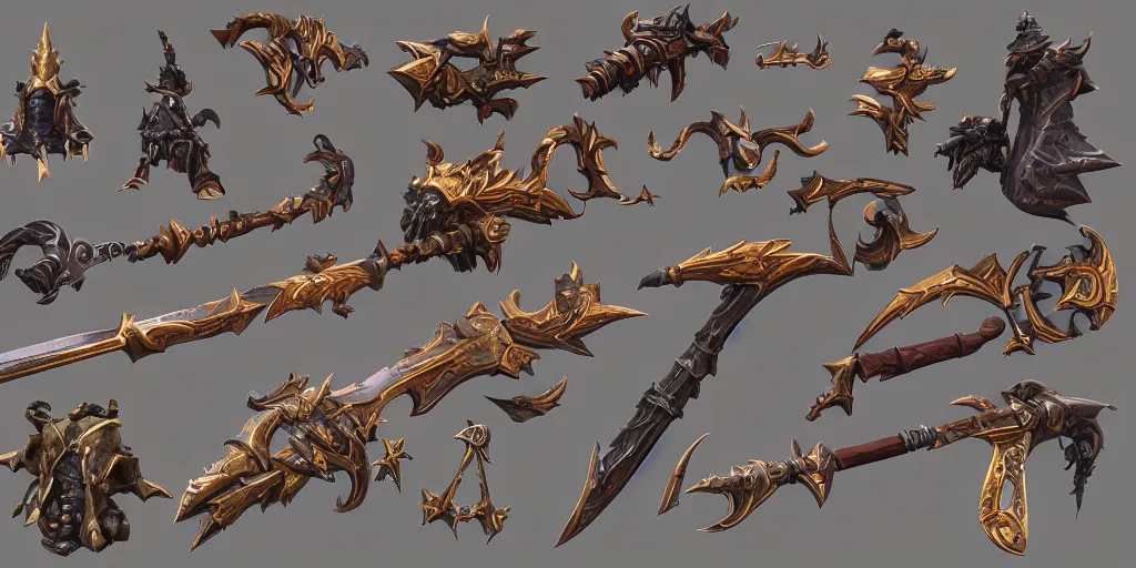 Image similar to fantasy world of warcraft weapons and treasure, hard surface, collection, kitbash, parts, artstation, 8k, Shape and form