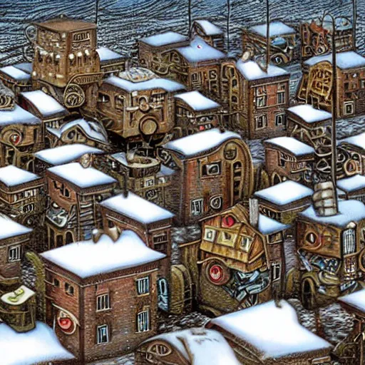 Prompt: a steampunk village on stilts in a snowy field , by Naoto Hattori,