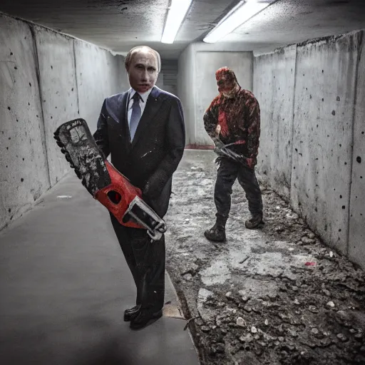 Image similar to putin with a chainsaw. in a concrete bunker with a pile of corpses. focus on putins face with blood splatters. canon eos r 3, f / 1. 4, iso 1 6 0 0, 1 / 8 0 s, 8 k, raw, grainy