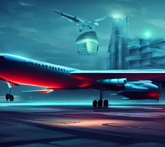 Image similar to immense futuristic jet plane arrives at runway of cyberpunk airport at night ,cinematic lighting, realistic photo , concept art