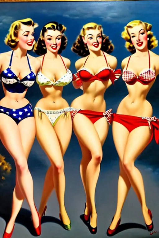 Image similar to 1940s group of pinup bikini girls in the office, oil painting, by Gil Elvgren