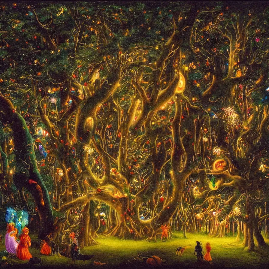 Prompt: a night carnival around a magical tree cavity, with a surreal orange moonlight and fireworks in the background, next to a big lake with iridiscent water, christmas lights, folklore animals and people disguised as fantastic creatures in a magical forest by summer night, masterpiece painted by edward robert hughes, dark night environment
