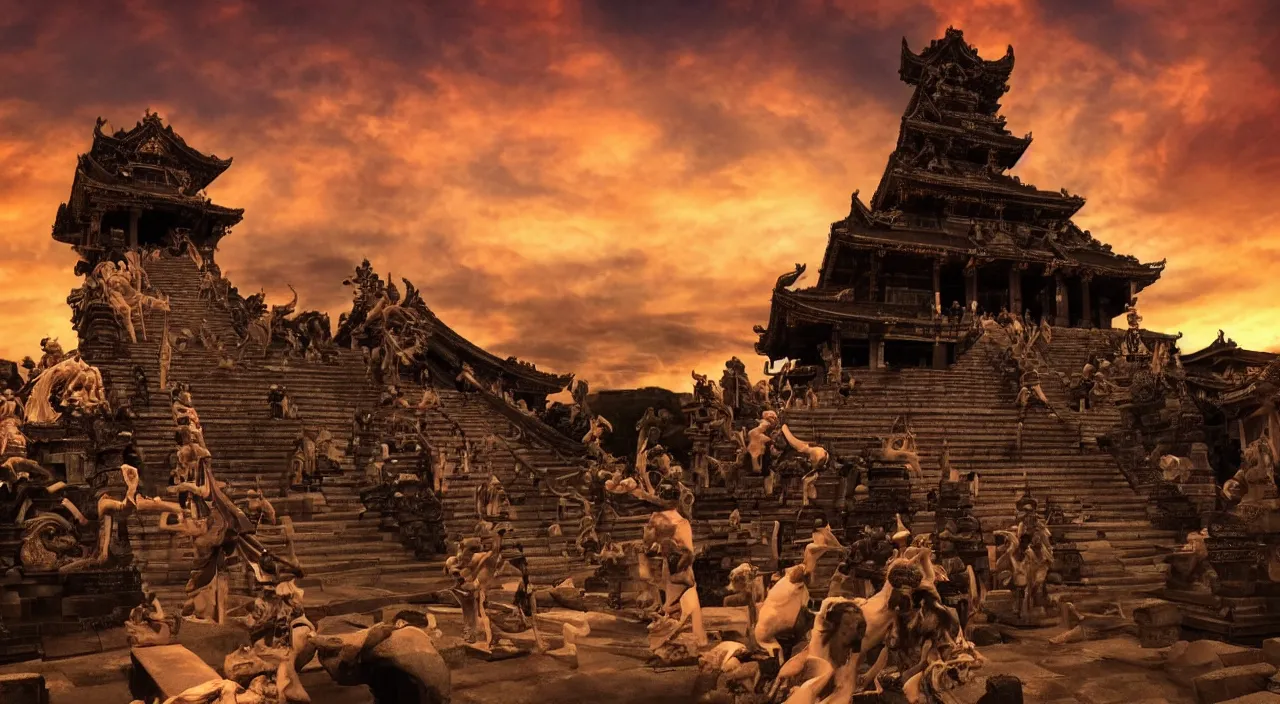 Image similar to Sacrifice to the sun god atop a temple, eerie, intense, dramatic, emotion, cinematic, sunset