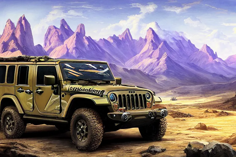 Prompt: a futurisitic well designed military vehicle by jeep and honda and lamborghini and boeing, military design, mountains in the distance, day, blue sky, sprong season, painting by asher brown durand and star wars movie, ultra mega detailed, beautiful realistic photo, professional photography, perfect
