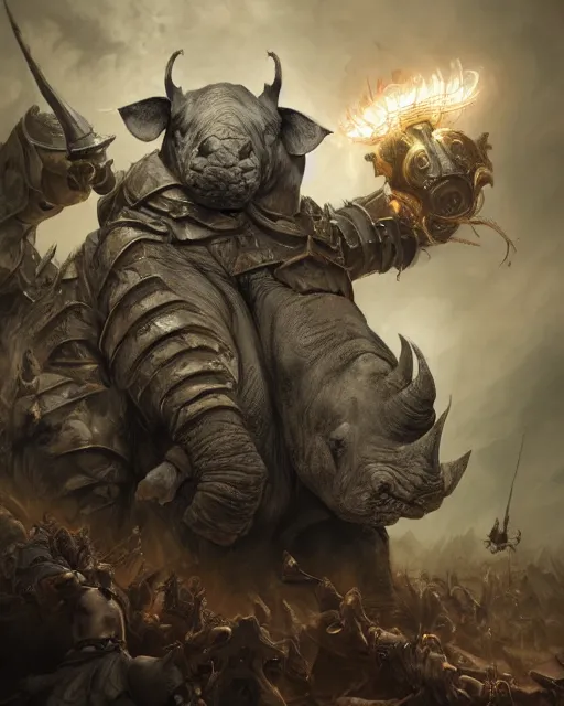 Prompt: Rhino, Anthropomorphized, as warlord general on skull throne, magic the gathering artwork, D&D, fantasy, cinematic lighting, centered, symmetrical, highly detailed, digital painting, artstation, concept art, smooth, sharp focus, illustration, volumetric lighting, epic Composition, 8k, art by Akihiko Yoshida and Greg Rutkowski and Craig Mullins, heroic pose, oil painting, cgsociety, Battlefield background, explosions, arrows