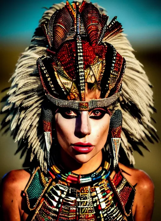 Image similar to lady gaga as a tribal woman, intricate, cinematic lighting, highly detailed, canon 3 5 mm photography, horizontal symmetry, smooth, sharp focus