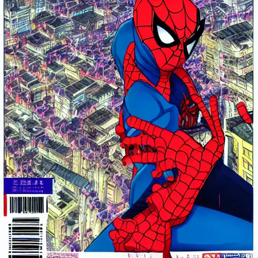 Image similar to Anime key visual of Cyberpunk ninja Spider-Man in a colorful blue and scarlet suit, wearing a scarlet hoodie, riding a skateboard in Berlin, official media drawn by Hirohiko Araki, anime magazine cover, manga cover, shonen jump cover, in the style of JOJO’s bizarre adventure, Hirohiko Araki artwork, takashi murakami artwork