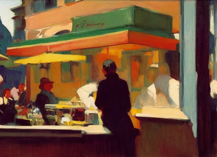 Image similar to artwork by malcolm liepke and edward hopper, an extrior view of a cafe in the afternoon