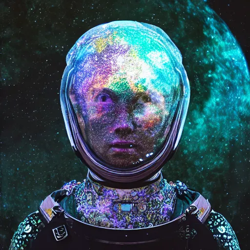 Prompt: helmet astronaut :: celestial pattern + objects patterns :: fiber optic:: minerals + frequency waves merged into spiral + explosion :: pattern chaotic annihilation:: glass + lace + various elements blending + ultra high detail +astronaut covered with alien mutation + mushrooms + flowers :: octane render :: unreal render :: photo real :: 8k