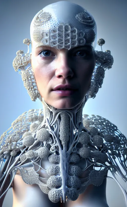 Prompt: intricate hyper detailed ultra sharp natural bright light 3 d render of a beautiful smooth porcelain fascinating cyborg woman portrait, medium shot portrait, alexandre ferra mecha, cyberpunk art nouveau haute couture huge fractal white silver gold mycelum and crystal pore fungi head ornaments, big embroidered leaves filigree spreaded roots, octane render, volumetric cinematic lighting, 8 k, vray tracing