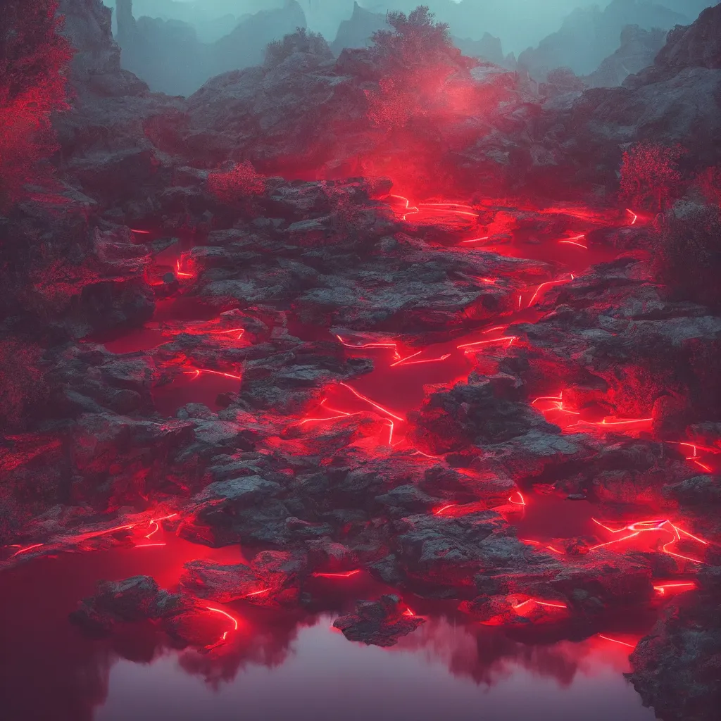 Image similar to rave in the red pond at night, light art, photo by reuben wu, jenni pasanen, epic composition, hd, octane, volumetric lighting, masterpiece,