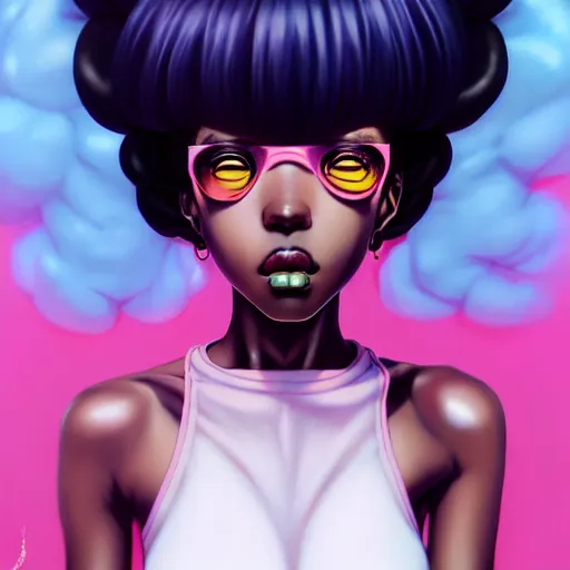 Image similar to portrait of a black anime manga girl, french bob hair, white hair, by artgerm, james jean, tom bagshaw, gerald brom, vaporwave colors, lofi colors, vaporwave, lofi, goth vibe, 4 k, smooth, hd, substance designer render, full body character concept art, symmetrical, 2 point lighting,