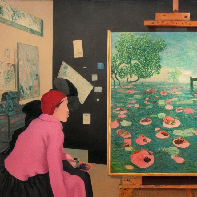 Image similar to female emo art student, painting of flood waters inside an artist's feminine bedroom, a river flooding indoors, pomegranates, pigs, ikebana, water, octopus, river, rapids, waterfall, black swans, canoe, berries, acrylic on canvas, surrealist, by magritte and monet