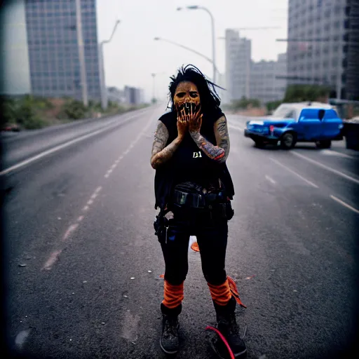 Image similar to Cinestill 50d candid extreme wide shot of a poor techwear mixed woman wearing makeup crying outside of a futuristic city on fire, cyberpunk, tattoos, homeless tents on the side of the road, military police, extreme long shot, desaturated, full shot, action shot, blurry, 4k, 8k, hd, full color