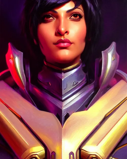 Image similar to pharah from overwatch, fantasy, fantasy art, character portrait, portrait, close up, highly detailed, intricate detail, amazing detail, sharp focus, vintage fantasy art, vintage sci - fi art, radiant light, caustics, by boris vallejo