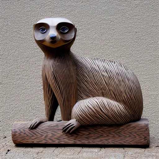 Prompt: symmetrical wood sculpture of a meercat with intricate pattern carvings