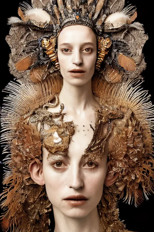 Prompt: photography portrait by paolo roversi of a feminine actress wearing a ornate costume with feathers by iris van herpen, highly detailed, artstation, smooth, sharp foccus, artstation hq, skin grain detail, high detail, creativity in fashion design