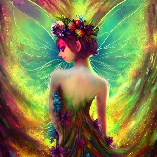 Prompt: macabre fairy princess, galaxy wings, woodland grove, beautiful colorful pretty artistic 4 k artstation trending dynamic dramatic lighting realistic floral garden blooming flowers high contrast