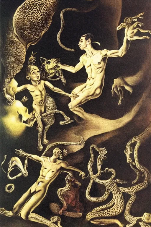 Image similar to Orpheus charming the beasts. Engraving by Salvador Dali