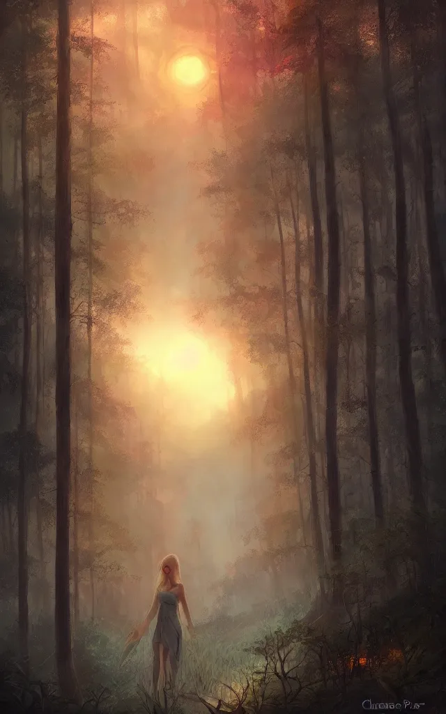 Image similar to sunset in the forest, by charlie bowater