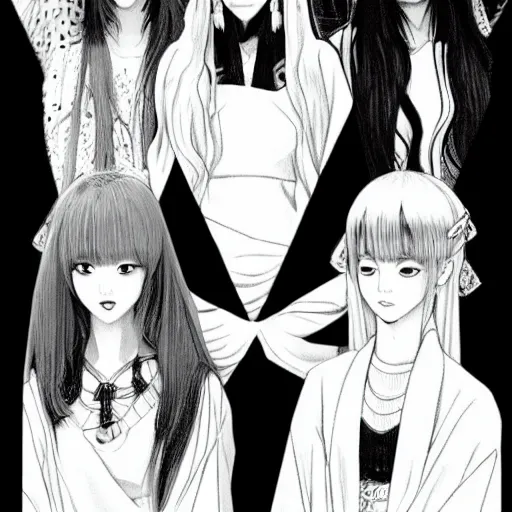 Image similar to blackpink k - pop group, wide angle, by kentaro miura