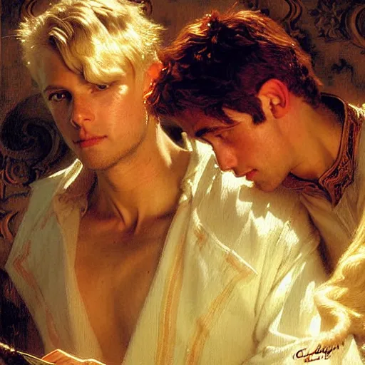 Image similar to attractive arthur pendragon in love with attractive male merlin. highly detailed painting by gaston bussiere, craig mullins, j. c. leyendecker