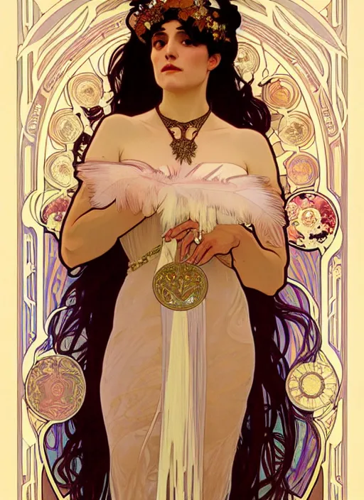 Image similar to ( ( ( alphonse mucha ) ) ) ombre velvet gown, feathers, lovely languid princess, portrait, long hair, tiara, jeweled choker, by greg rutkowski, anato finnstark, global illumination, radiant light