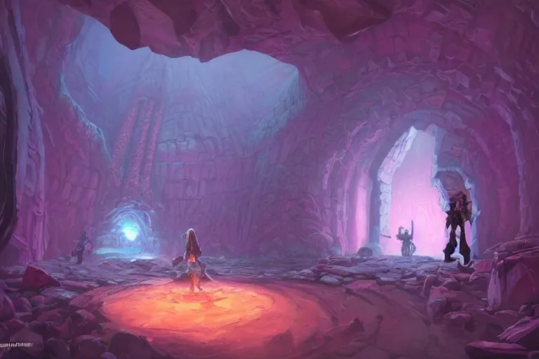 Image similar to point perspective dungeon pink chasm fantasy dungeon You step into the shaggy room. The walls and floor are made out of plasma that kinda smells like portals. A disproportionate pack of eelfolks guards the room. The room also contains a rotund robe.,by artgerm and Craig Mullins, James Jean, Andrey Ryabovichev, Mark Simonetti and Peter Morbacher 16k